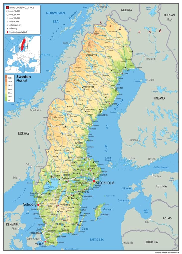 fyzická mapa Švédska
