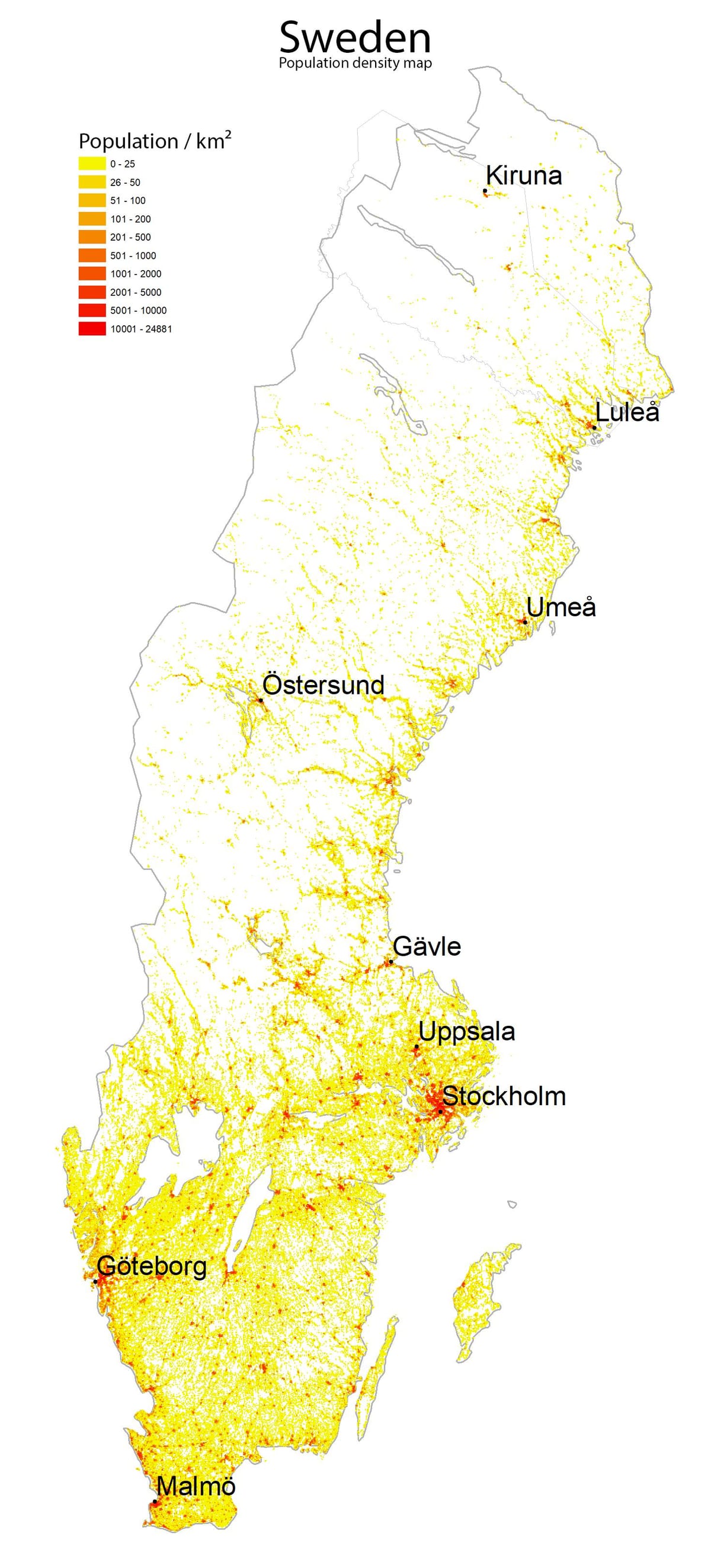 hustota obyvatelstva mapa Švédska