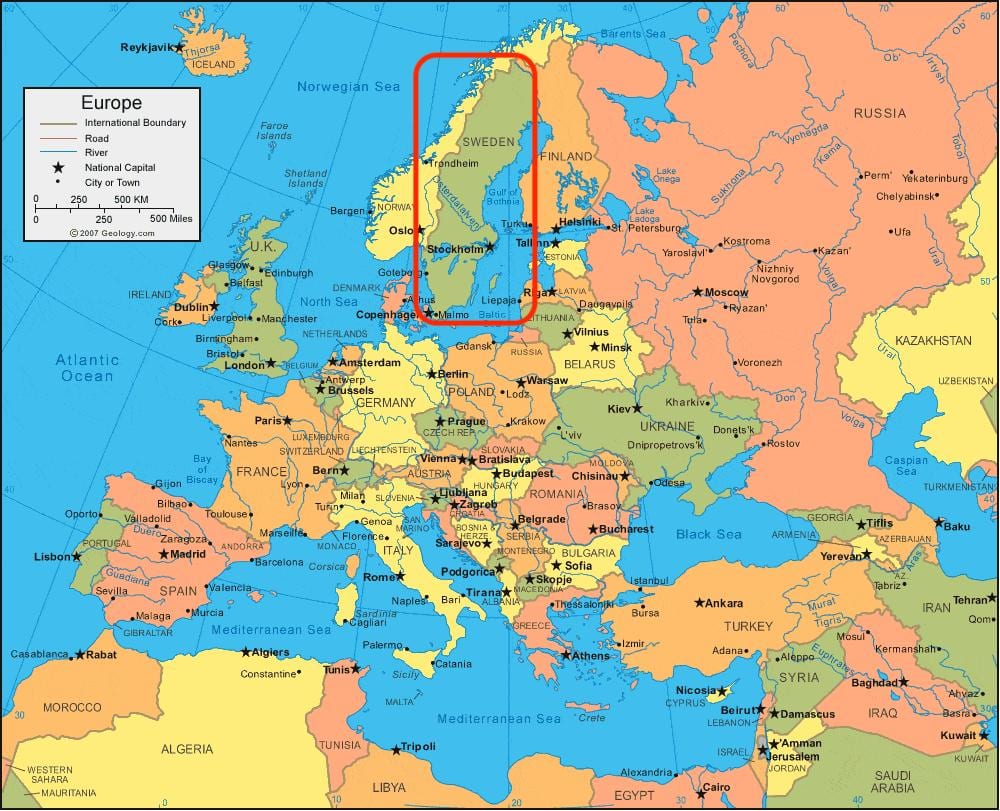 mapa Evropy Švédsko