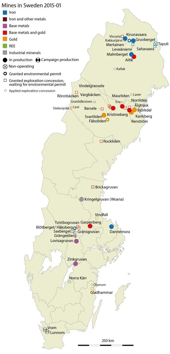 mapa Švédska přírodních zdrojů
