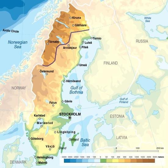 mapa Švédska nadmořská výška