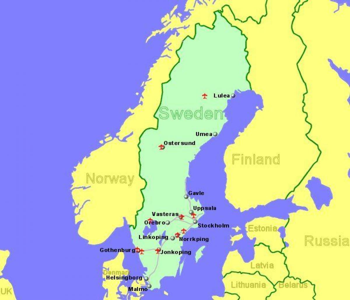 mapa letišť ve Švédsku