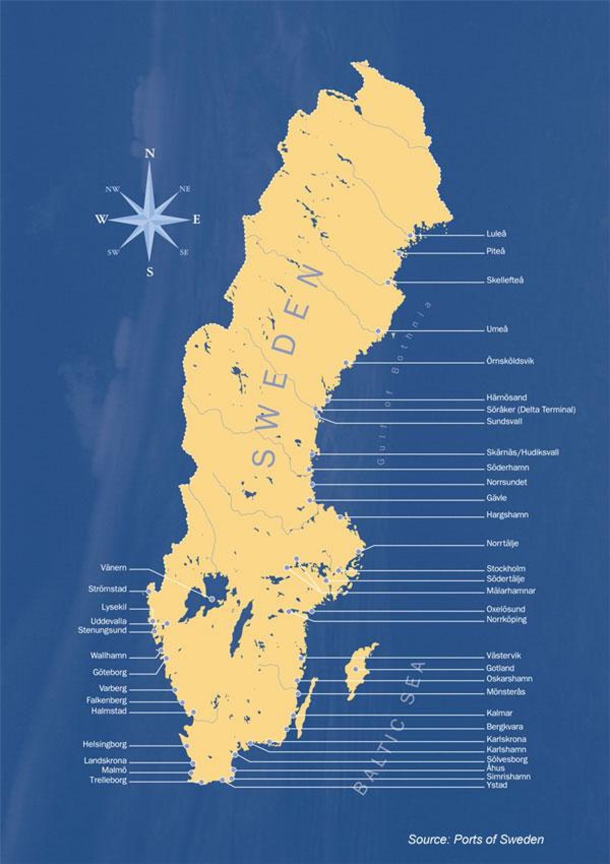 mapa Švédska porty